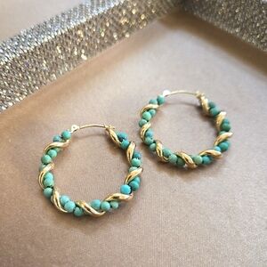 Vintage 14k Gold Turquoise Hoop Earrings